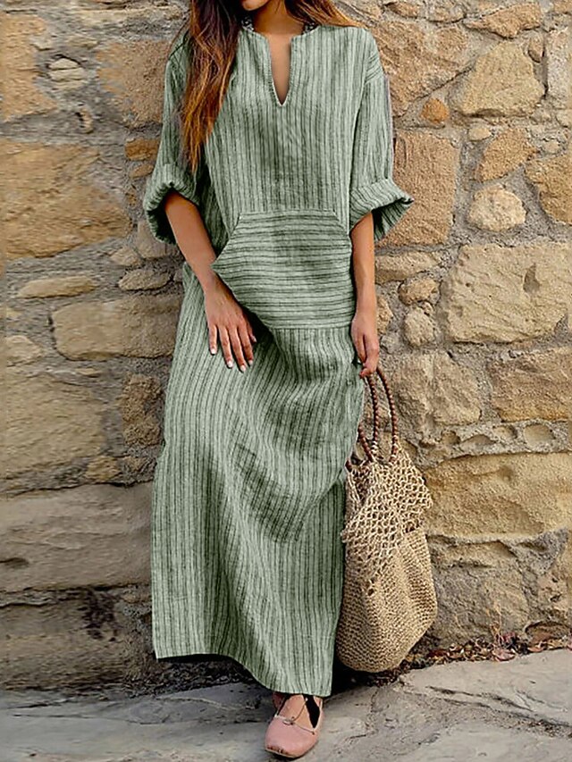 Women‘s Cotton Linen Dress Shirt Dress Casual Dress Tartan Dress Maxi