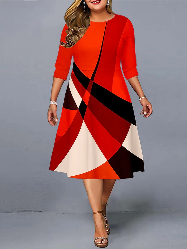 Women‘s Plus Size Curve Work Dress A Line Dress Stripe Midi Dress 3/4 ...