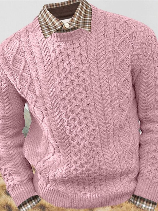 Men's Sweater Pullover Ribbed Cable Knit Cropped Knitted Crew Neck