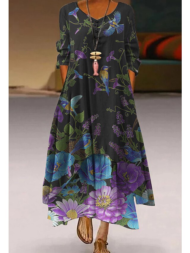 Women's Casual Dress Shift Dress Floral Print Pocket V Neck Maxi long ...
