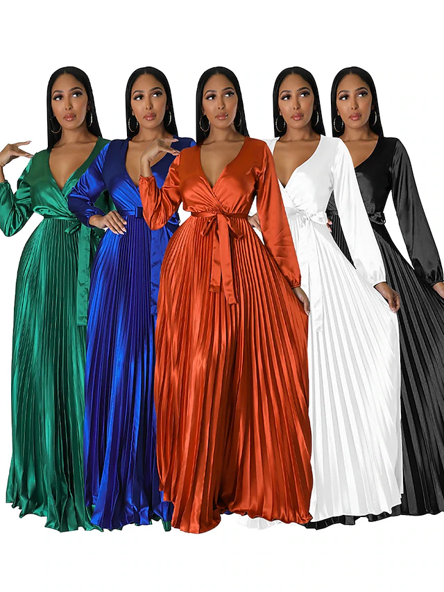 Women's Long Dress Maxi Dress Party Dress Sheath Dress Swing Dress Pure Color Fashion Romantic Party Wedding Guest Cocktail Party Pleated With Belt Long Sleeve V Neck Dress Regular Fit Black White 10