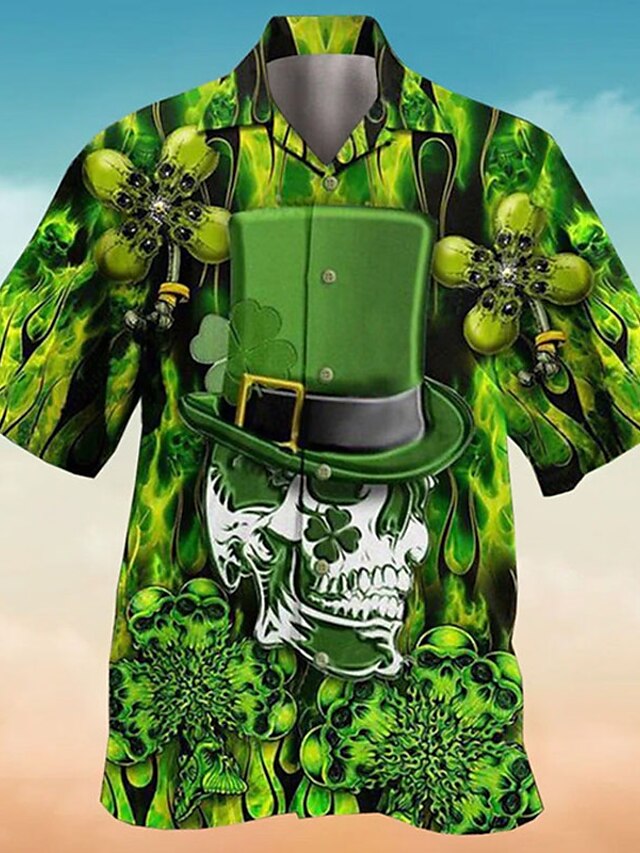  Men's Shirt Summer Hawaiian Shirt Skull Graphic Prints Saint Patrick Day St. Patrick's Day Clover Turndown Black / Green Army Green Orange Green Casual Hawaiian Short Sleeve Button-Down Print