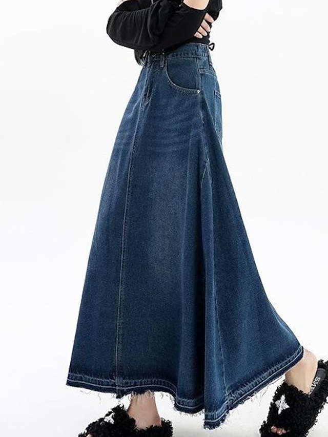  Mujer Columpio Falda larga Maxi Faldas Color sólido Casual Diario Todas las Temporadas Mezclilla Básico Verano Azul Piscina