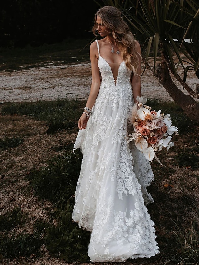 Beach Sexy Boho Wedding Dresses A-Line Sweetheart Camisole Spaghetti ...