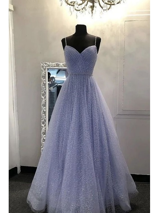  a-line ballkjoler glitrer& shine kjole festkjole bursdag gulvlengde ermeløs spaghetti stropp tyll med glitterkrystaller 2024