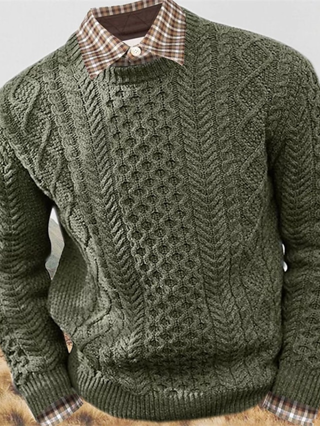 Men's Sweater Pullover Ribbed Cable Knit Cropped Knitted Crew Neck ...