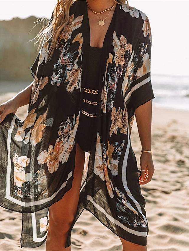  Women's Cover Up Beach Dress Beach Wear Midi Dress Print Basic Casual Floral Open Front Half Sleeve Loose Fit Outdoor Daily Black Navy Blue 2023 Spring Summer One Size