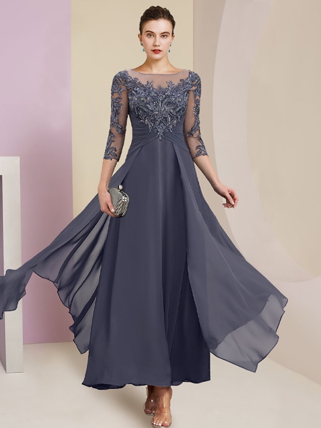  Sheath / Column Mother of the Bride Dress Wedding Guest Elegant Simple Jewel Neck Ankle Length Chiffon Lace 3/4 Length Sleeve with Pleats Sequin 2024