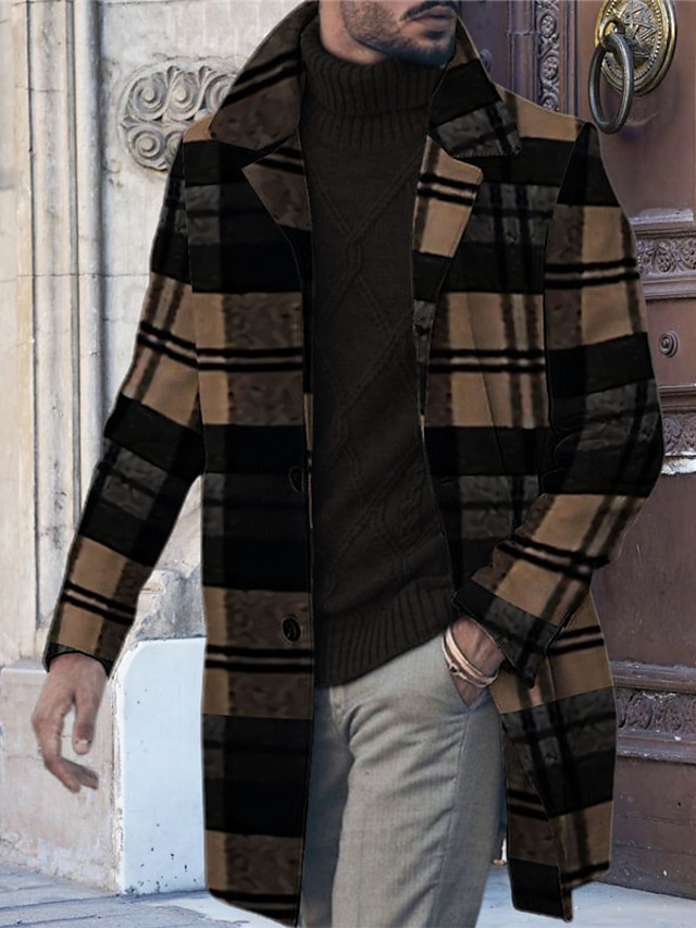  Men's Plaid Graphic Prints Winter Coat Overcoat Coat Warm Breathable Comfortable Fashion Streetwear Business Work Wear to work Going out Pocket Print Fall & Winter Turndown Long Sleeve Yellow Blue