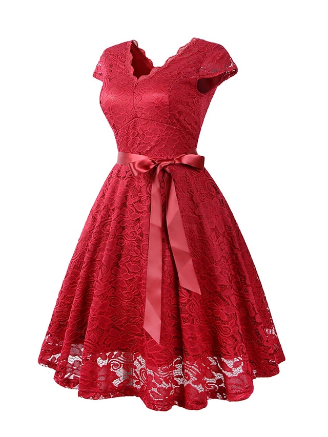 Women's Lace Ruched Vintage Dress Mini Dress Elegant Plain V Neck Short ...
