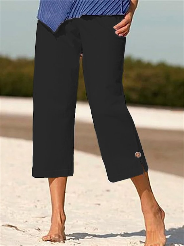  Mujer Pantalones de lino Chinos Lino Artificial Bolsillos laterales Separado Holgado Medio corto Negro