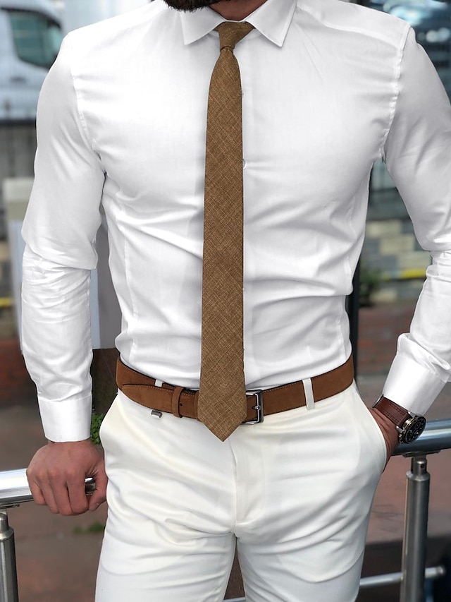  Мужская классическая рубашка стандартного кроя с длинными рукавами и лацканами, однотонная, полиэстер, черная, белая, розовая, 2024