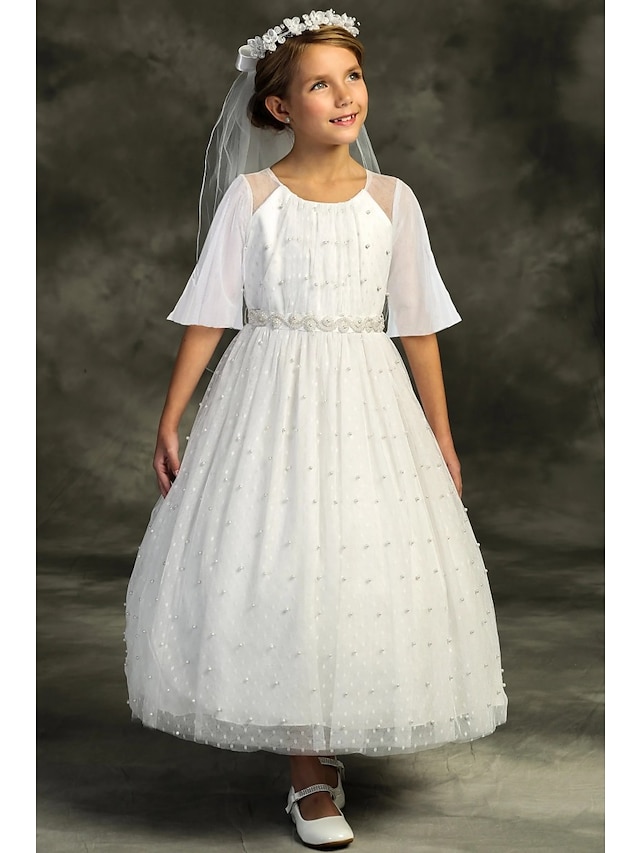  Princess Ankle Length Flower Girl Dress First Communion Girls Cute Prom Dress Tulle with Bow(s) Elegant Fit 3-16 Years