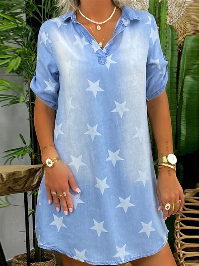  Women's Denim Shirt Dress Mini Dress Denim Fashion Casual Outdoor Daily Shirt Collar Print Short Sleeve Summer Spring Fall 2023 Loose Fit Blue Star S M L XL 2XL