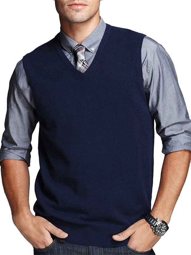 Men's Sweater Vest Pullover Ribbed Knit Cropped Knitted Plain V Neck ...