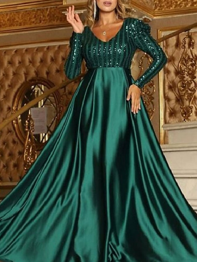  A-Line Sparkly Engagement Formal Evening Red Green Dress V Neck Long Sleeve Court Train Polyester with  Sequin 2024