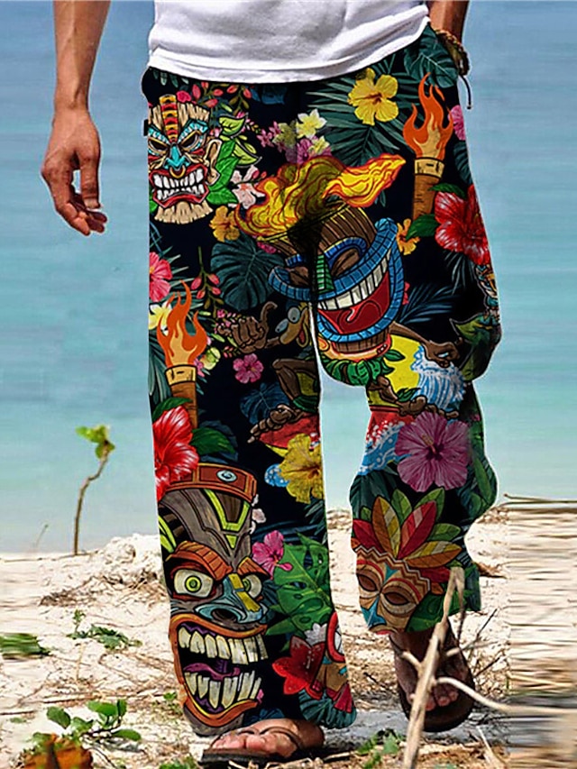  男性用 ズボン サマーパンツ ビーチパンツ ドローストリング 弾性ウエスト まっすぐな足 動物 植物 グラフィック 履き心地よい カジュアル 日常 祝日 ハワイアン デザイナー ブラック イエロー
