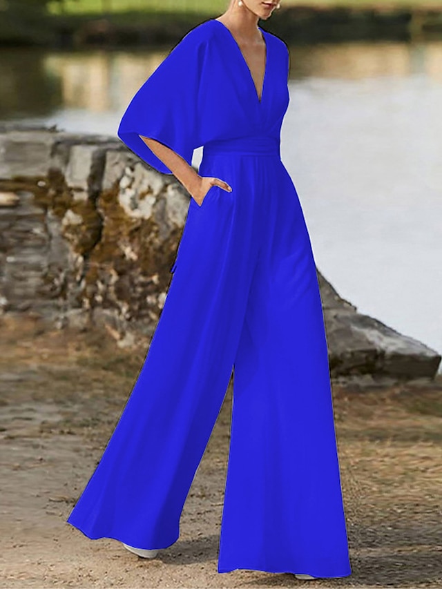 Jumpsuits for Women Dressy Pocket High Waist Solid Color V Neck Elegant ...