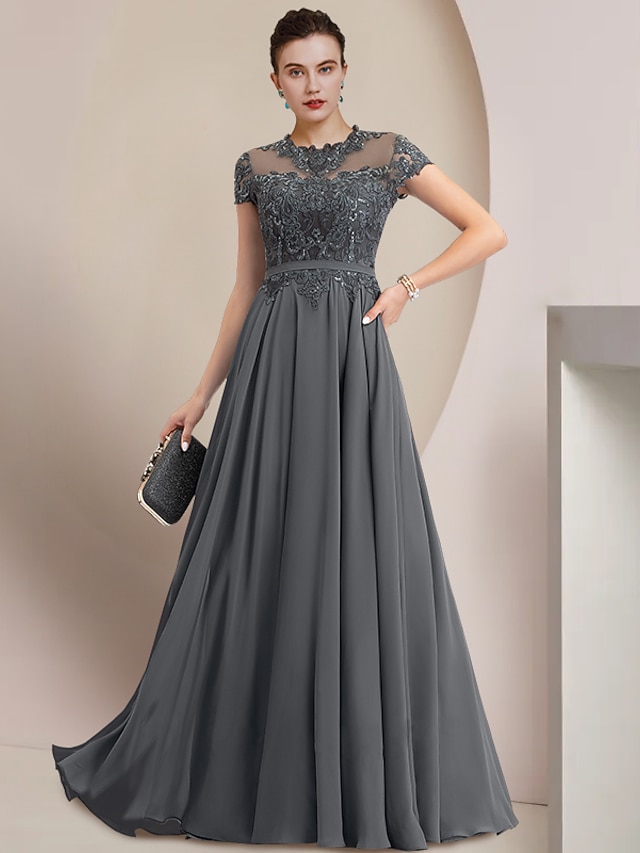 A-Line Dress Mother of the Bride Dress Elegant Simple Jewel Neck Floor Length Chiffon Short Sleeve with Lace Tier Solid Color