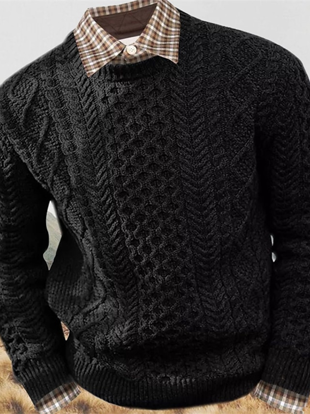 Men's Sweater Pullover Ribbed Cable Knit Cropped Knitted Crew Neck ...