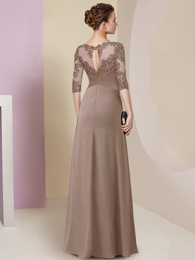 A-Line Mother of the Bride Dress Elegant Jewel Neck Floor Length Chiffon Lace Half Sleeve with Pleats Ruffles AppliquesV main image 1
