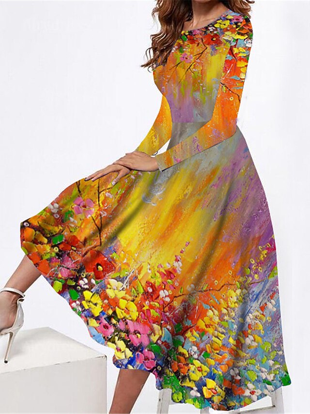 Women's Midi Dress Casual Dress Winter Dress Swing Dress Shift Dress Fashion Streetwear Modern Formal Outdoor Party Regular Fit Floral Long Sleeve Crew Neck Yellow Summer Spring 6