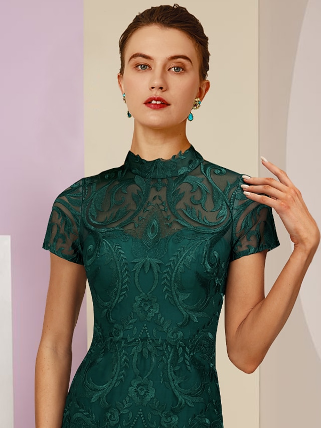 Sheath/Column High Neck Tea-Length Long Sleeves Floral Mother of the Bride Dresses with Appliques