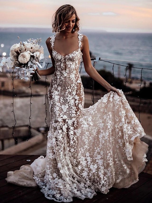  Beach Sexy Boho Wedding Dresses Mermaid / Trumpet Sweetheart Regular Straps Court Train Lace Bridal Gowns With Appliques Summer Fall Wedding Party 2023, Women's Clothing