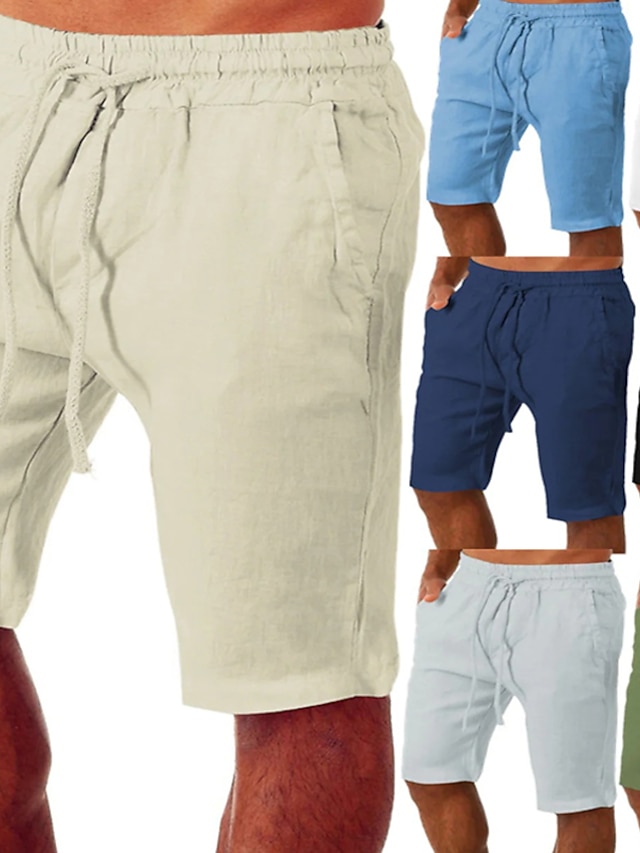 Men's Linen Shorts Summer Shorts Pocket Drawstring Elastic Waist Plain