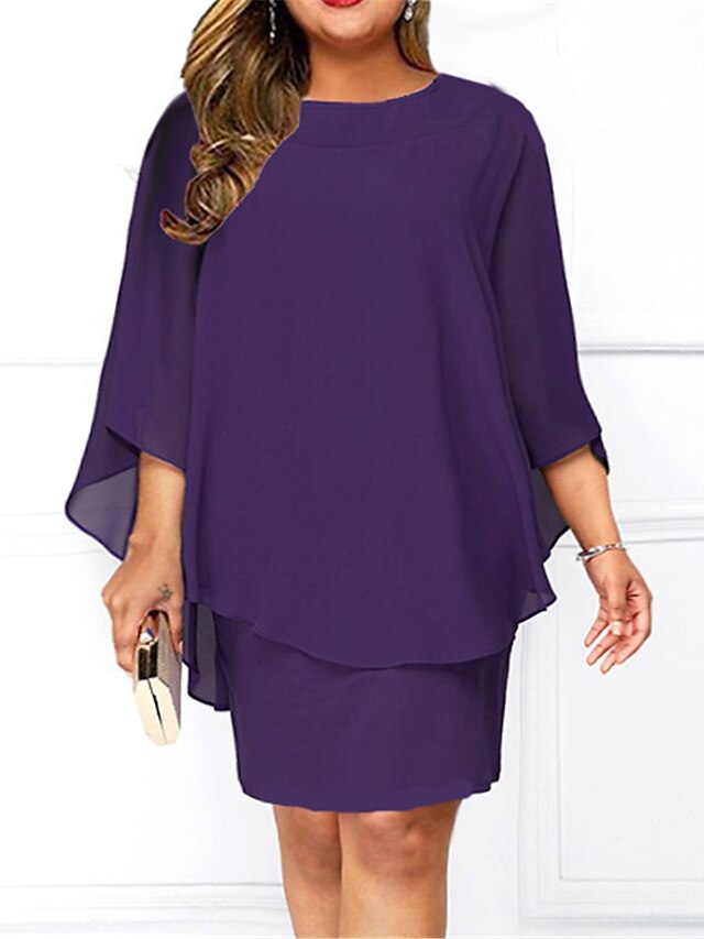 Women‘s Plus Size Curve Work Dress Shift Dress Chiffon Dress Solid ...