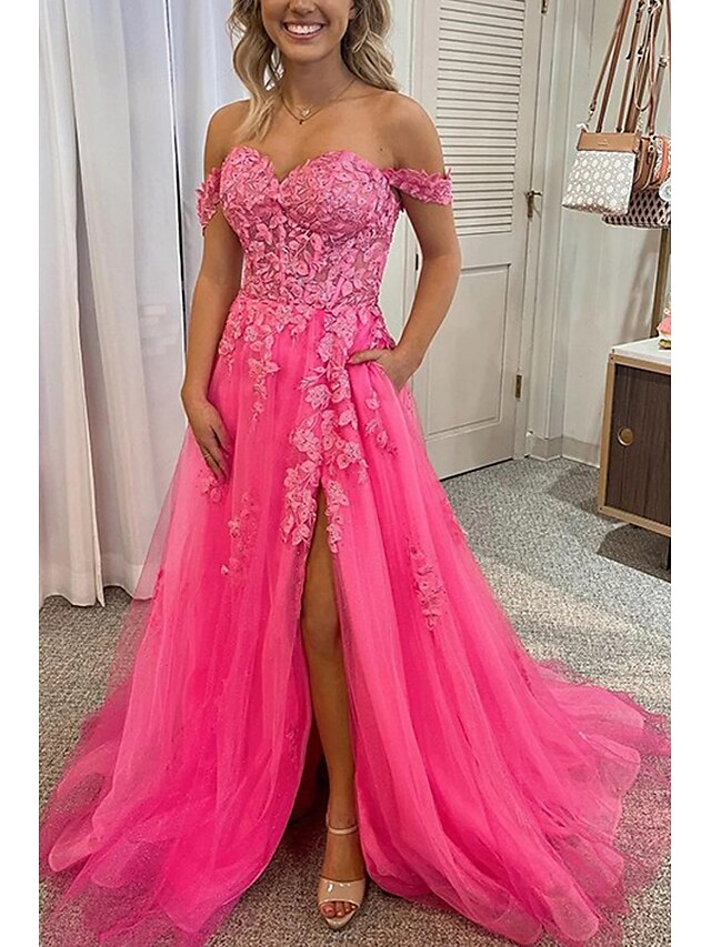 A-Line Prom Dresses Princess Dress Formal Prom Sweep / Brush Train Sleeveless Off Shoulder Tulle Backless with Pleats Appliques 2023