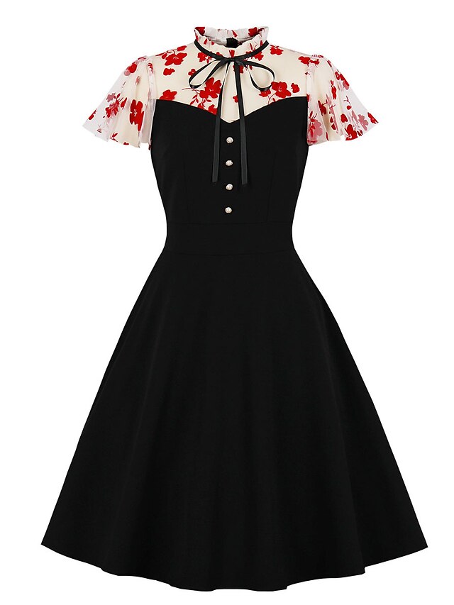 Womens Elegant Retro Vintage Dress Mini Dress Outdoor Holiday Patchwork Button Floral V Neck