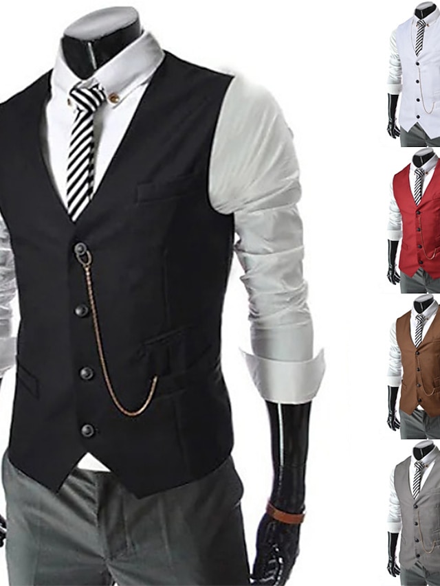 Men's Suit Vest Gilet Wedding Business Causal Single Breasted Shirt Collar 1920s Smart Casual Jacket Outerwear Solid Colored Black Red Light Grey