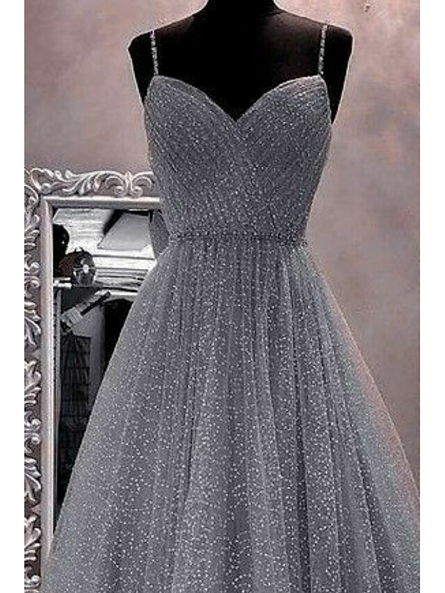 A-Line Prom Dresses Floral Dress Performance Sweet 16 Floor Length Sleeveless Spaghetti Strap Tulle with Pleats Appliques