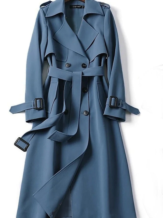 Women's Trench Coat Long Solid Color Patchwork Coat Black Blue Camel ...