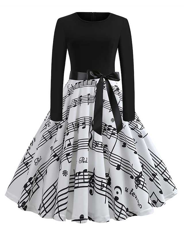  Γυναικεία Στάμπα Vintage Φόρεμα Μίντι φόρεμα Κομψό Φλοράλ Στρογγυλή Ψηλή Λαιμόκοψη Μακρυμάνικο Καθημερινά Ημερομηνία Καλοκαίρι Άνοιξη Μαύρο και Άσπρο Μαύρο