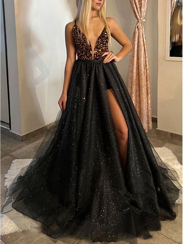 Glitter Spaghetti Strap Sleeveless Slit Party Dress