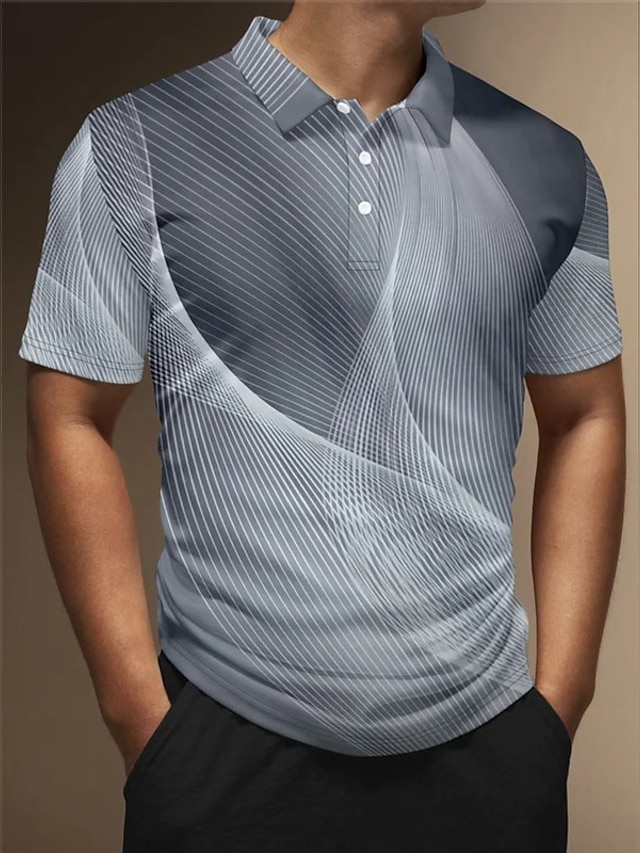  Men's Polo Shirt Golf Shirt Graphic Prints Linear Turndown Gray Outdoor Street Short Sleeves Button-Down Print Clothing Apparel Fashion Designer Casual Soft