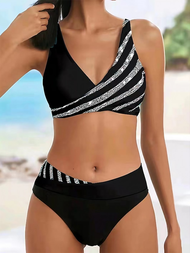  Damen Übergröße Badeanzug Bikinis Bademode 2 teilig Streifen Gestreift Strandbekleidung Push-Up Hosen Badeanzüge