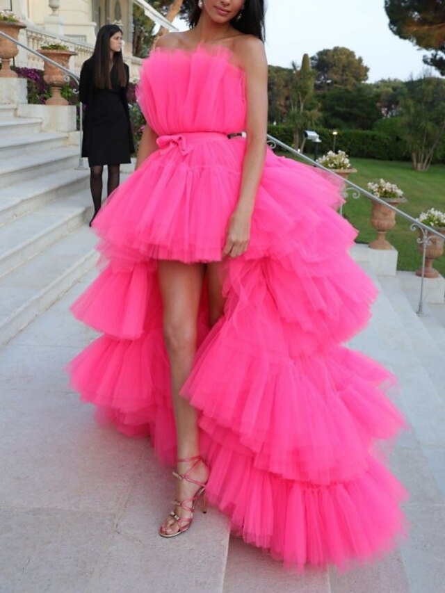 Ball Gown Prom Dresses Tiered Plisse Dress Wedding Party Birthday Asymmetrical Sleeveless Strapless Tulle with Bow(s) Masquerade Dress4