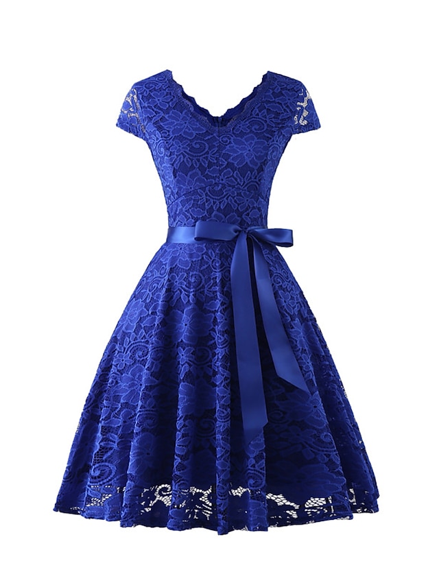 Women's Lace Ruched Vintage Dress Mini Dress Elegant Plain V Neck Short ...