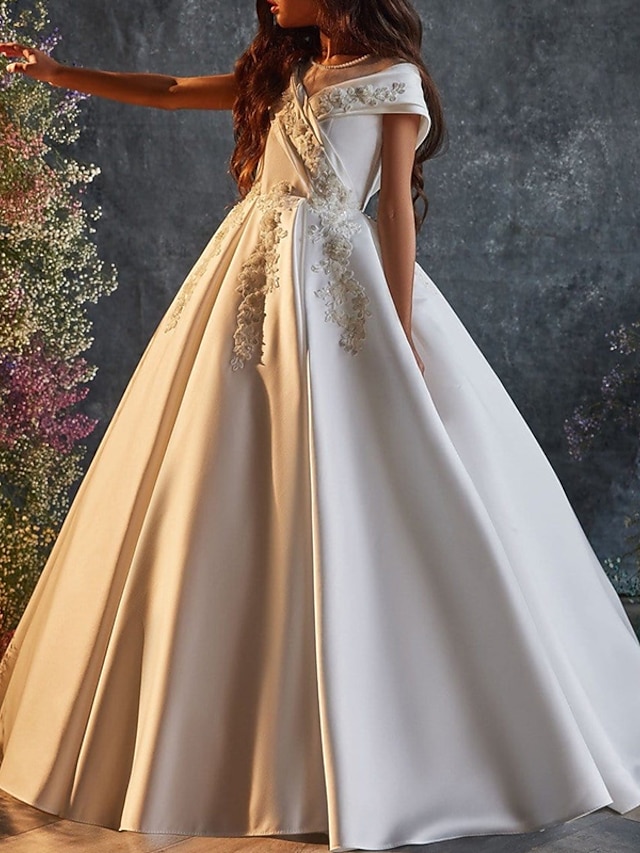  Πριγκίπισσα Ουρά Φόρεμα για Κοριτσάκι Λουλουδιών Πρώτη Κοινωνία Κορίτσια Χαριτωμένο φόρεμα χορού Σατέν με Χάντρες Ανοικτή Πλάτη Κομψό Κατάλληλο 3-16 ετών