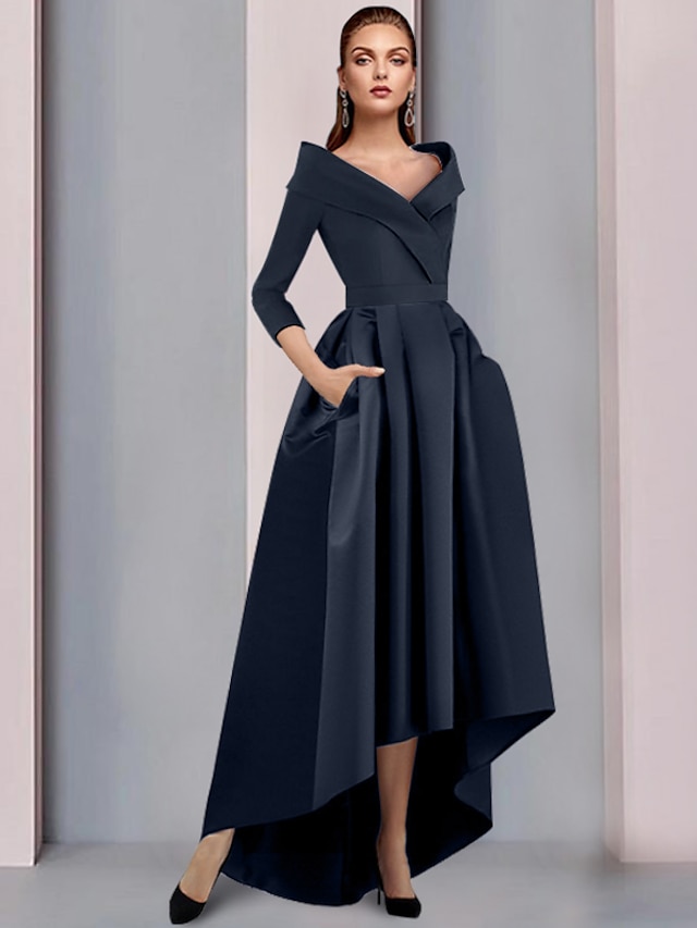  A-Line Mother of the Bride Dress Wedding Guest Elegant High Low Sweet Spaghetti Strap Asymmetrical Tea Length Satin 3/4 Length Sleeve with Pleats 2024