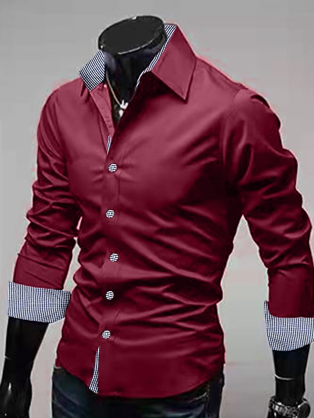  Men's Dress Shirt Button Up Shirt Collared Shirt Collar Long Sleeve Wine Black White Plain Wedding Daily Clothing Apparel