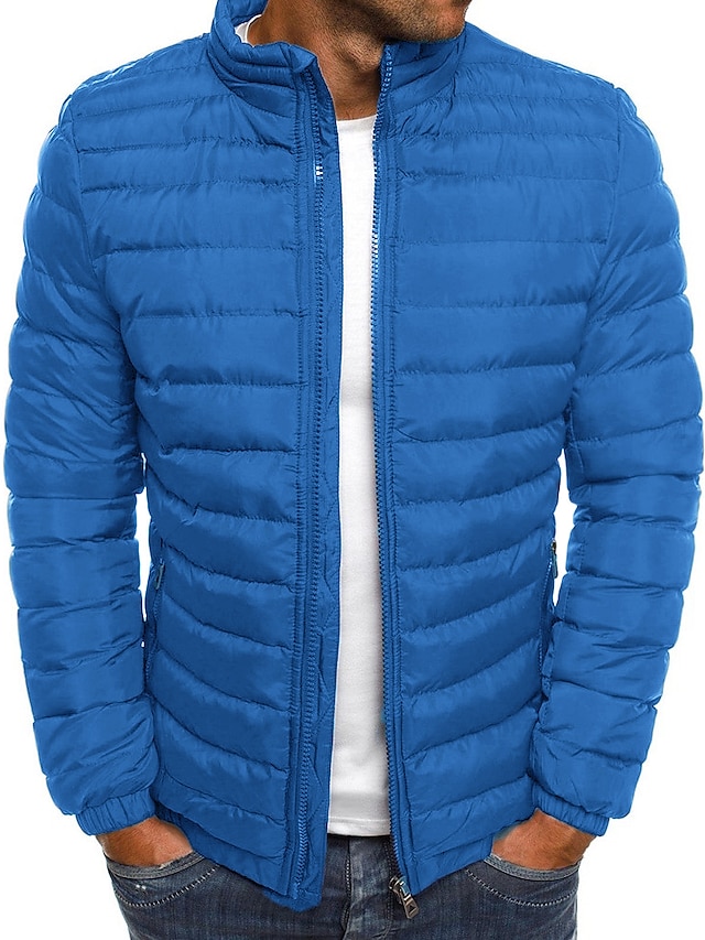  Men's Winter Coat Winter Jacket Puffer Jacket Quilted Jacket Classic Style Casual Warm Winter Solid Color Light Blue Navy Big red Grass Green Puffer Jacket
