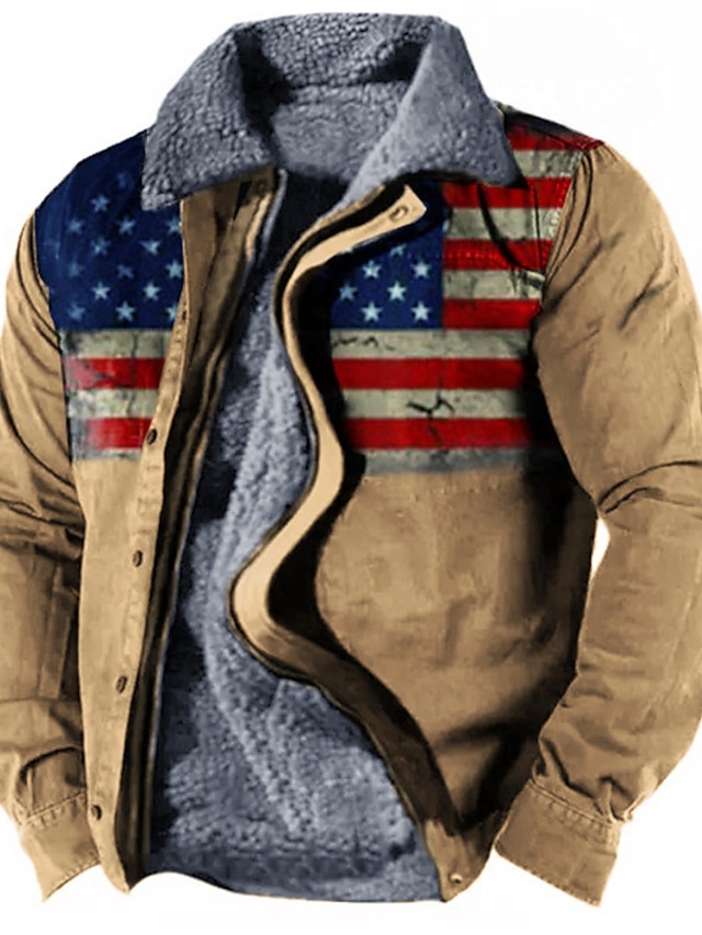  Men's Jacket Fleece Lining With Pockets Daily Wear Vacation Going out Zipper Turndown Streetwear Sport Casual Daily Jacket Outerwear National Flag Print Wine Purple khaki