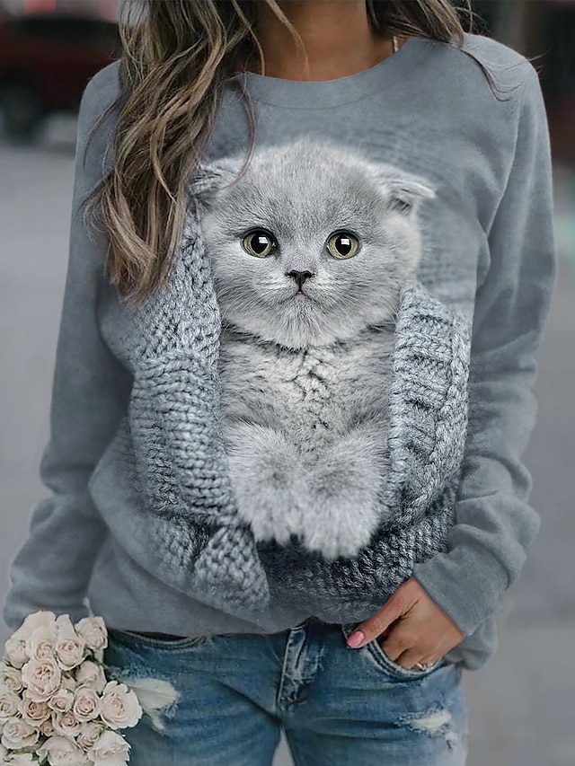  Women's Plus Size Sweatshirt Pullover Cat Street Casual Gray Basic Round Neck Long Sleeve Top Micro-elastic Fall & Winter