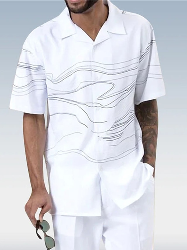  Hombre Camisa Estampados Lineal Cuello Vuelto Blanco Calle Casual Manga Corta Abotonar Estampado Ropa Deportes Moda Ropa de calle Design