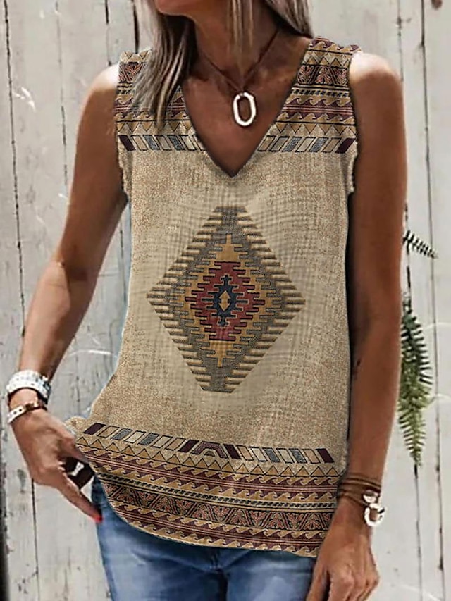  Women's Tank Top Owl Tribal Print Daily Weekend Vintage Ethnic Sleeveless Sleeveless Round Neck Brown