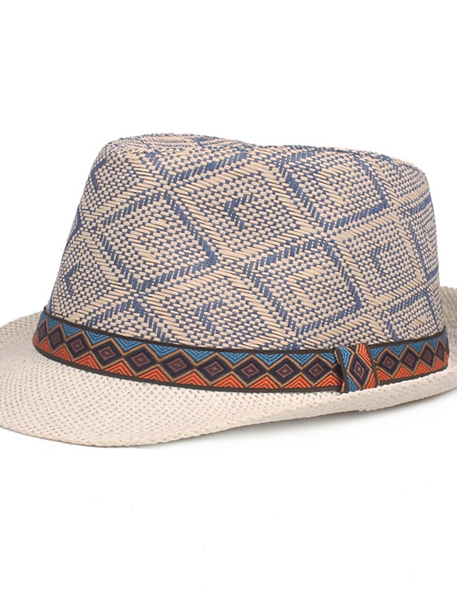  Homme Chapeau de Paille Noir Bleu Réglisse Tressé Vêtement de rue mode Décontractées du quotidien Vêtements de Plein Air Vacances 钻石纹 Ecran Solaire Respirabilité